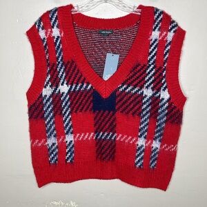 WILD FABLE Sweater Vest Red & Blue Plaid Oversized Cropped Academia Preppy Small